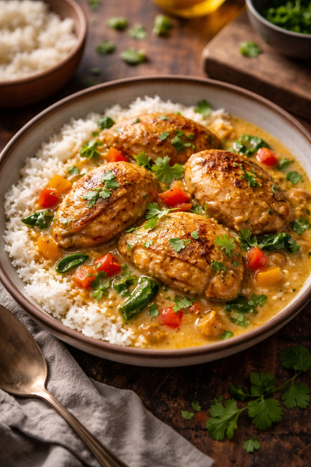 Close-up of coconut curry chicken and rice served in a bowl