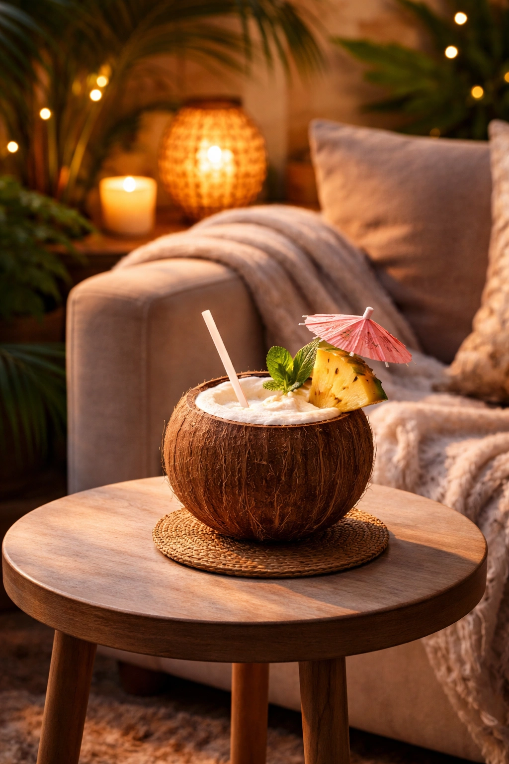 Coconut drink on a side table beside a cozy couch, warm evening mood