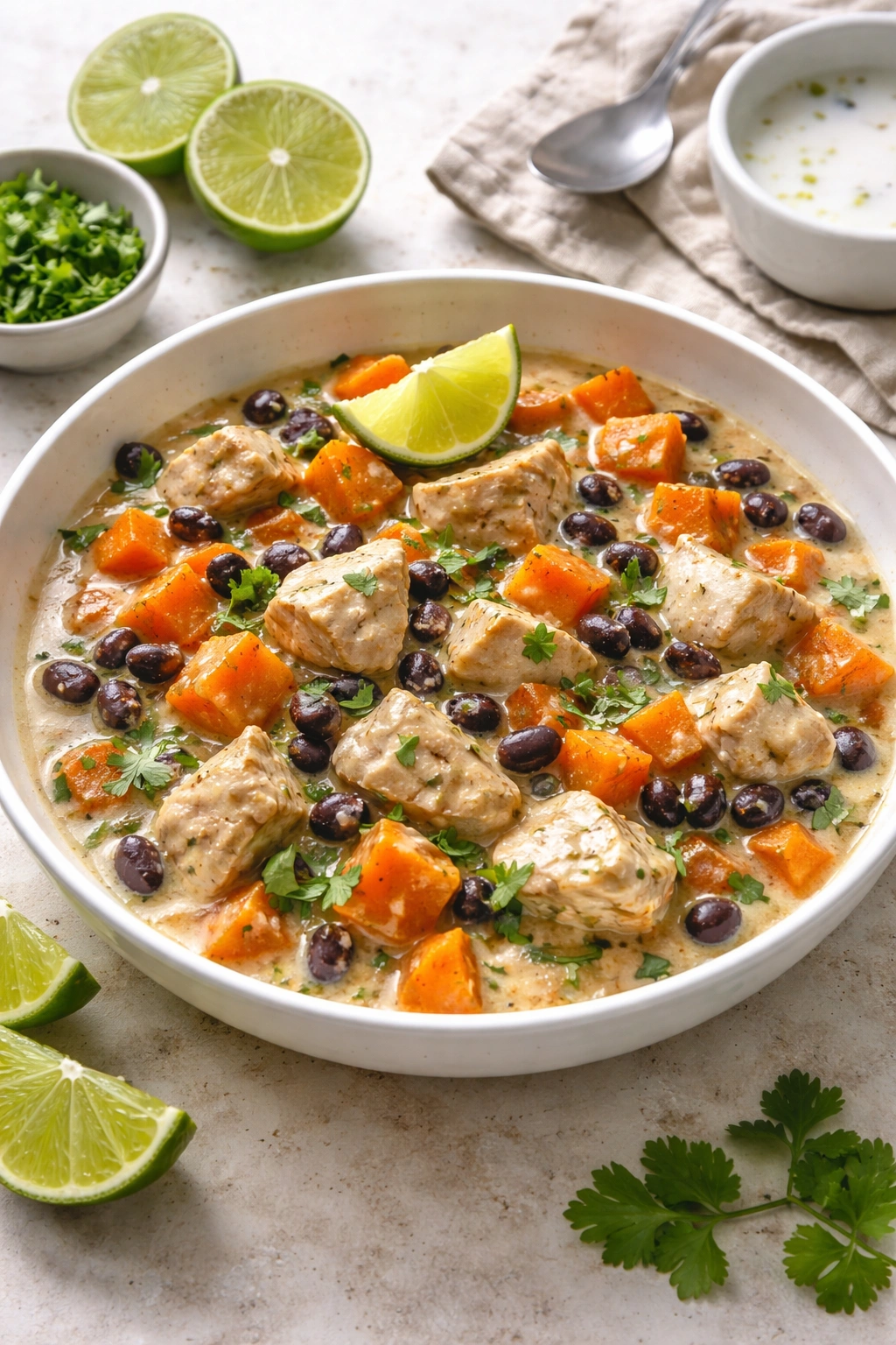 Coconut lime chicken with black beans and sweet potato in a bowl