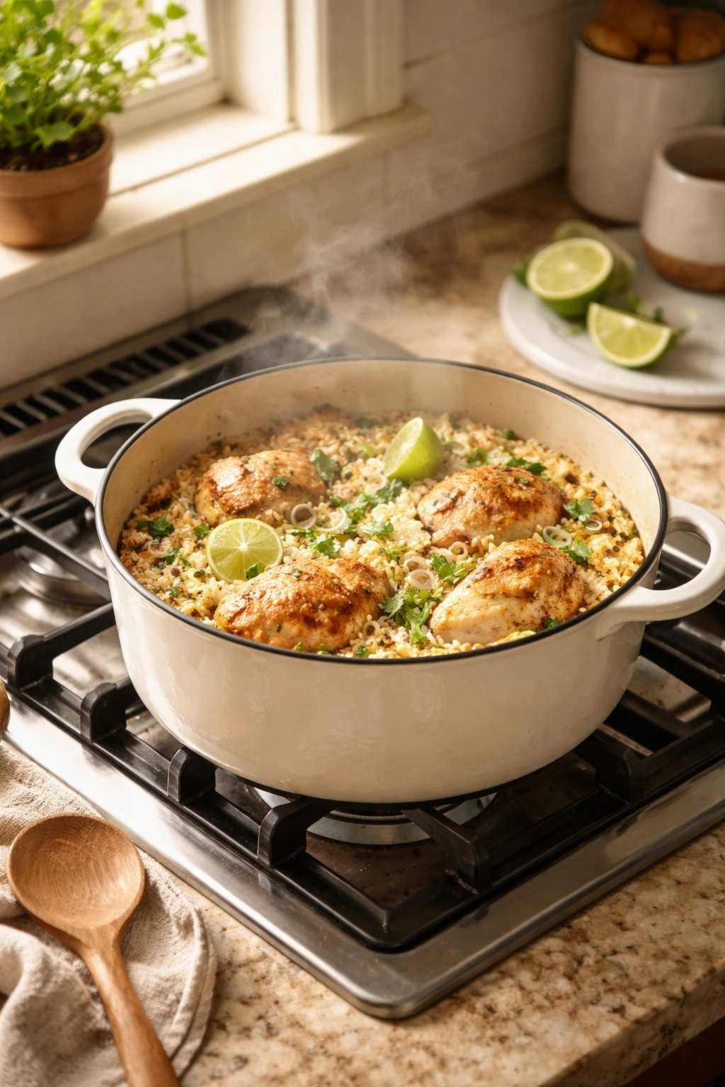 Cozy kitchen with coconut lime chicken and rice in a pot, steam rising