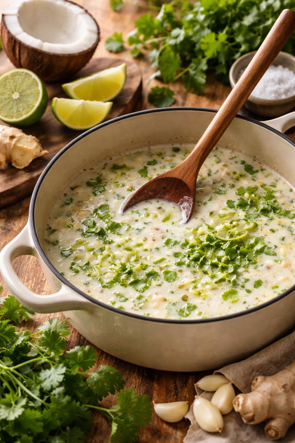 Coconut lime sauce with lime, ginger, and cilantro ready to balance flavors