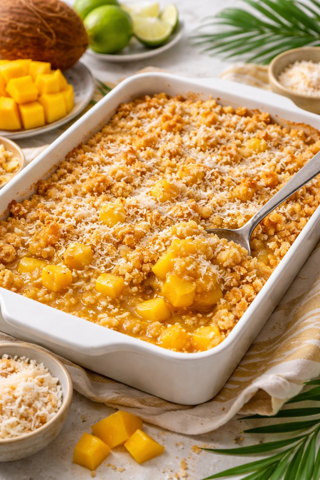 Mango and coconut dump cake in a baking dish with coconut flakes