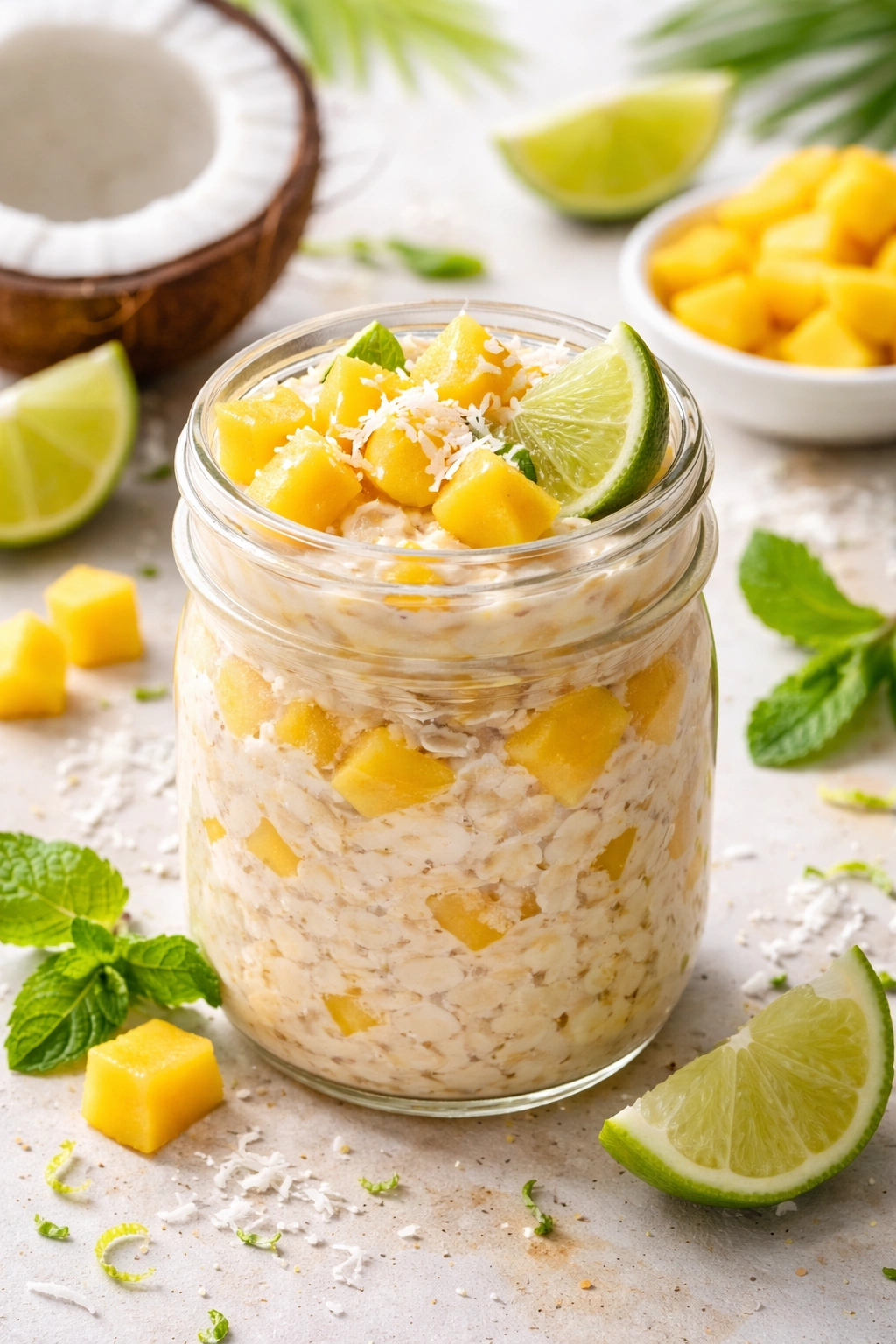 Coconut milk overnight oats with mango chunks and lime in a jar