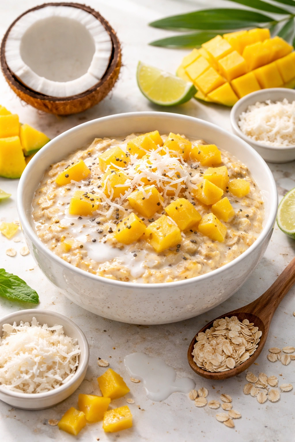 Oats topped with mango chunks and shredded coconut