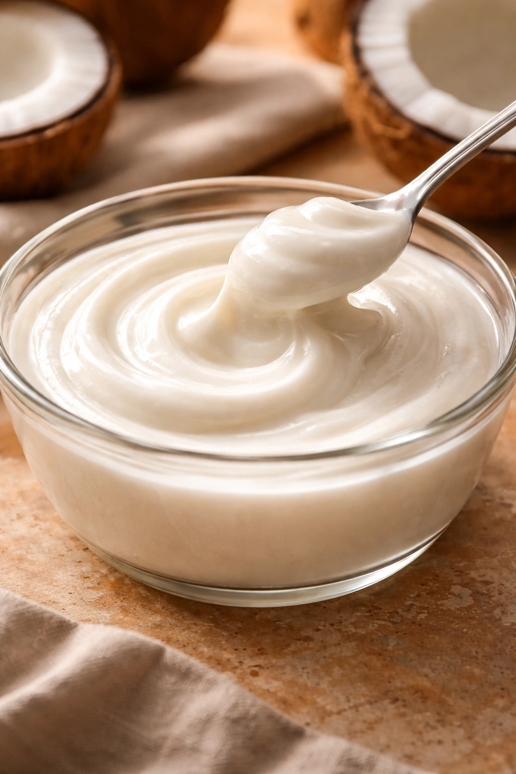 Glossy swirl of thick coconut cream in a ramekin
