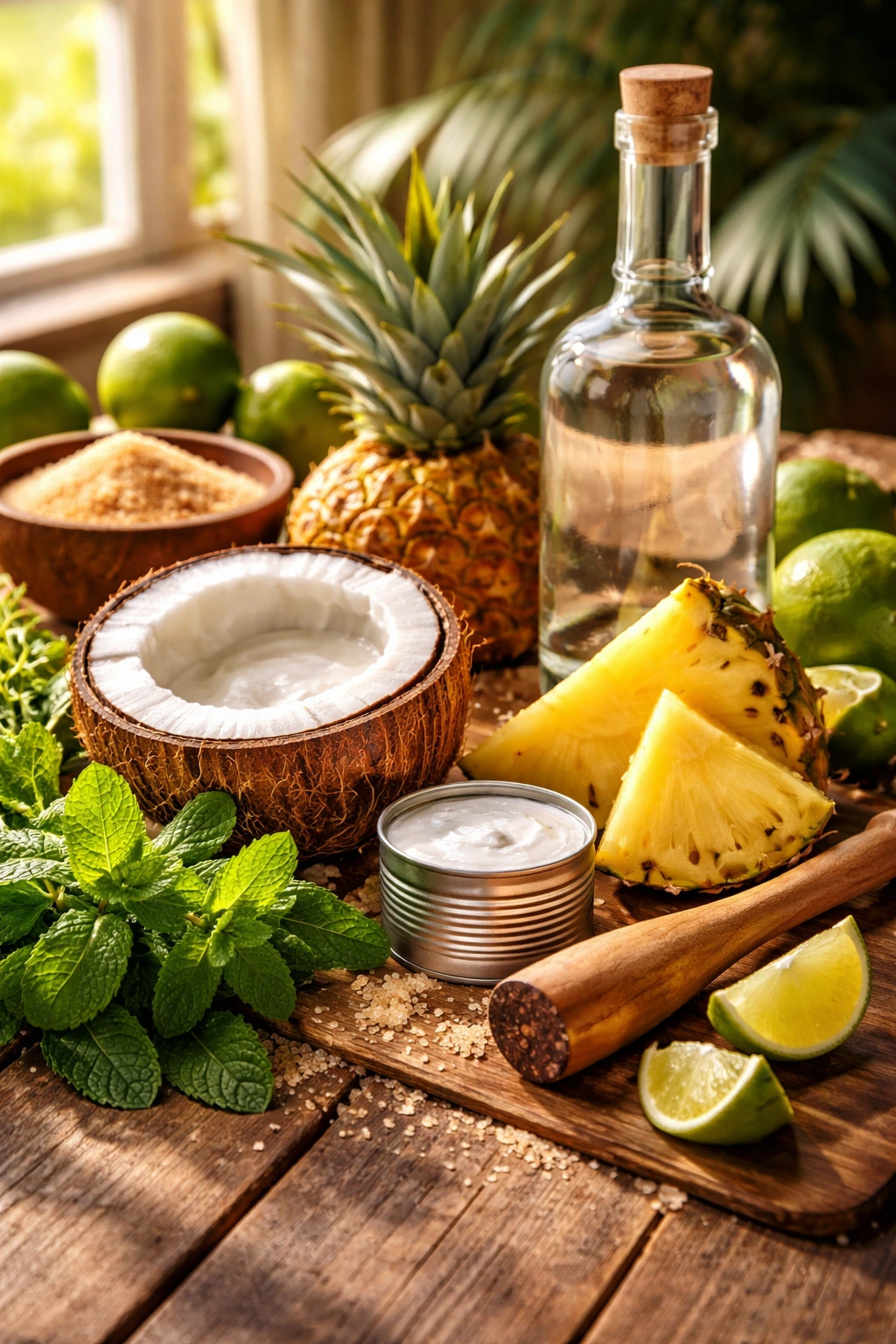 Rustic still life with mint, pineapple, coconut cream, and rum, depicting coconut pineapple mojito origins