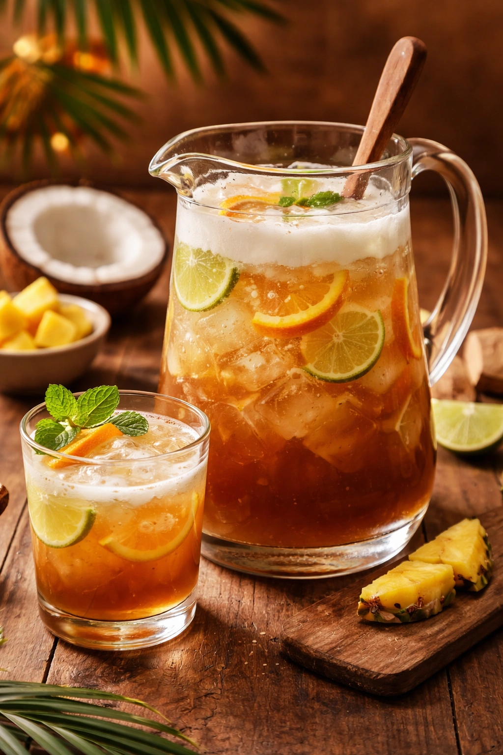 Dark rum coconut punch in a pitcher with ice and citrus garnish