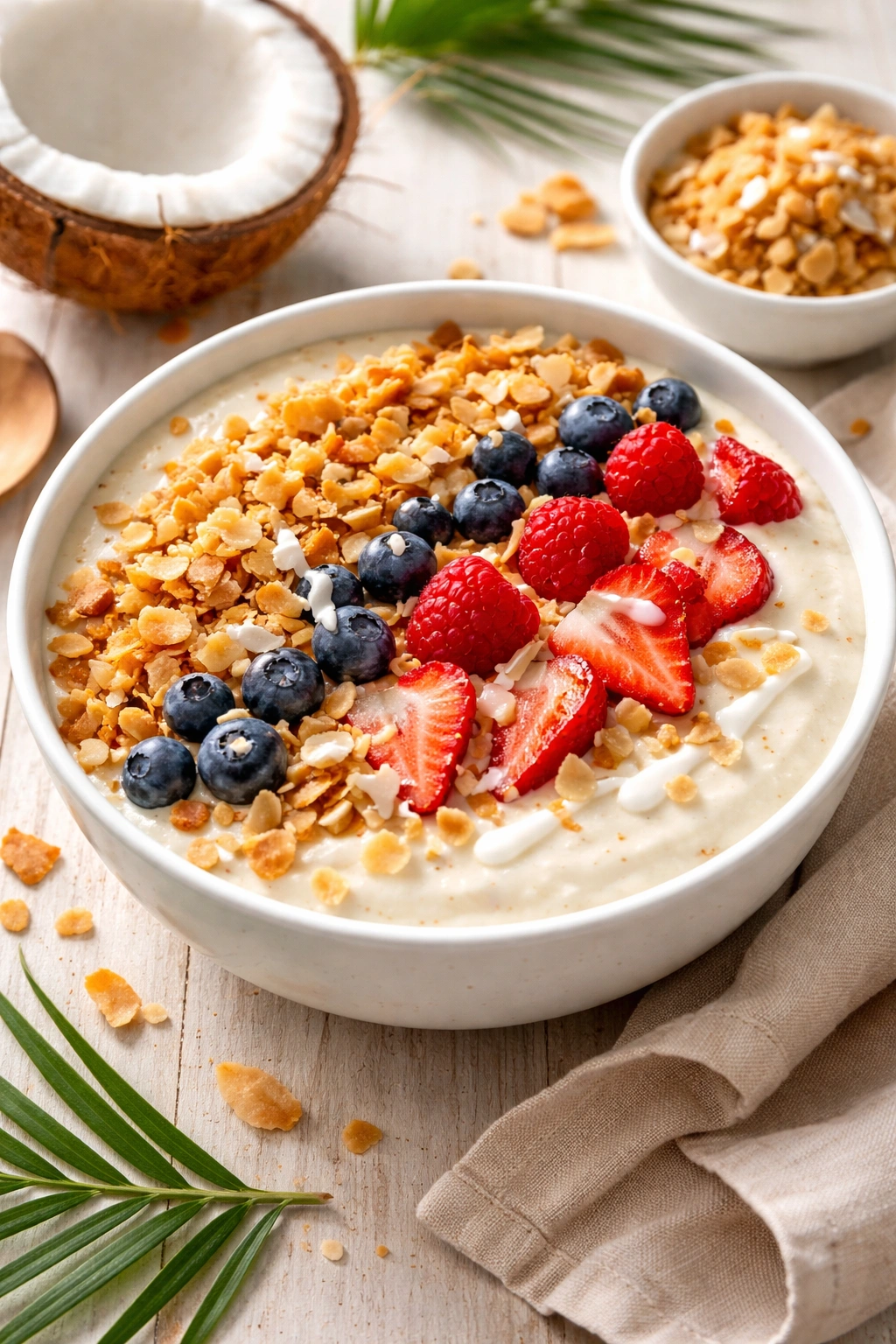 Creamy coconut smoothie bowl with toasted toppings and berries
