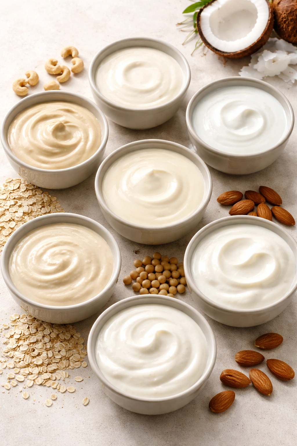 Bowls of various dairy and non-dairy creamed substitutes