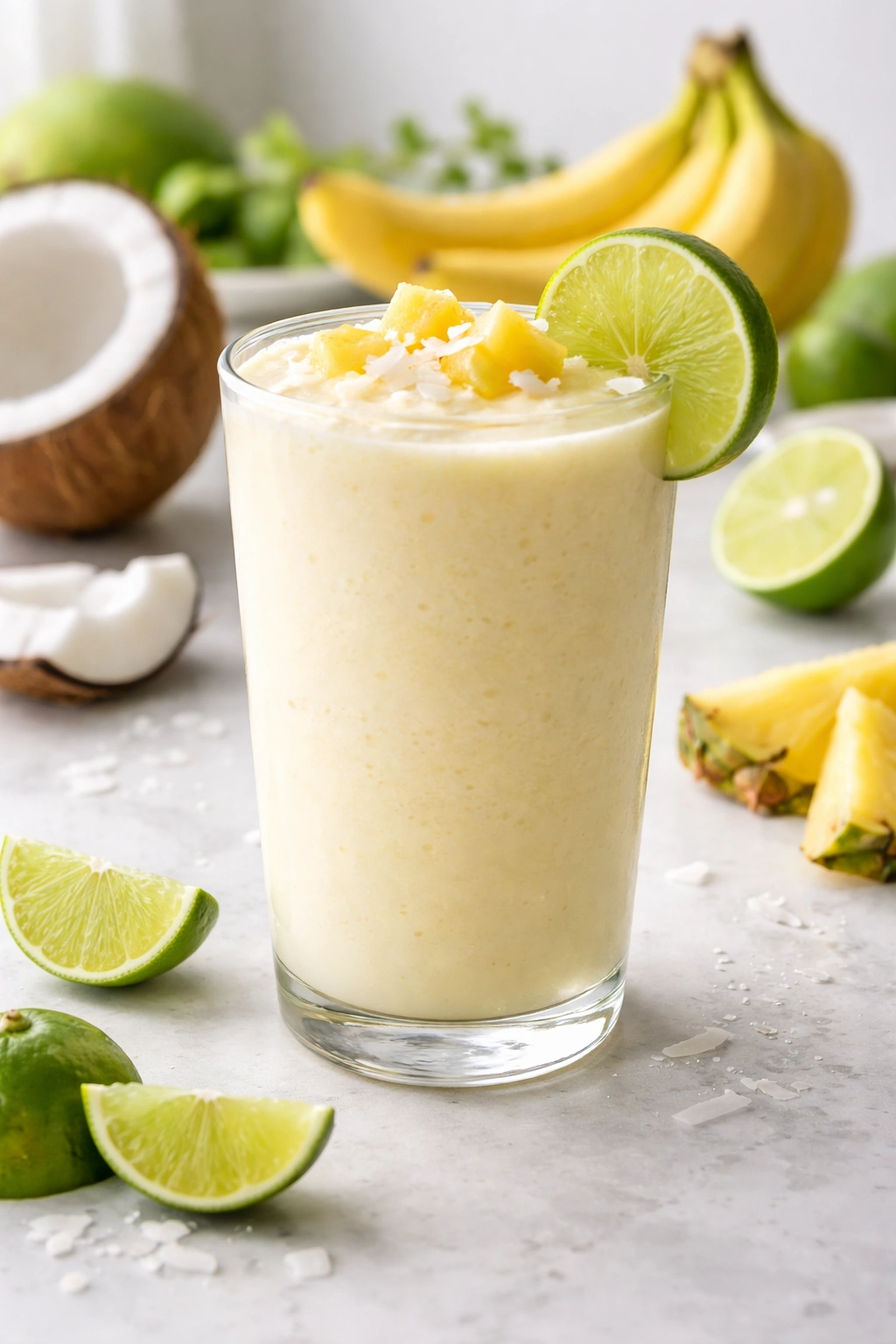 Creamy coconut water smoothie in a glass with lime garnish