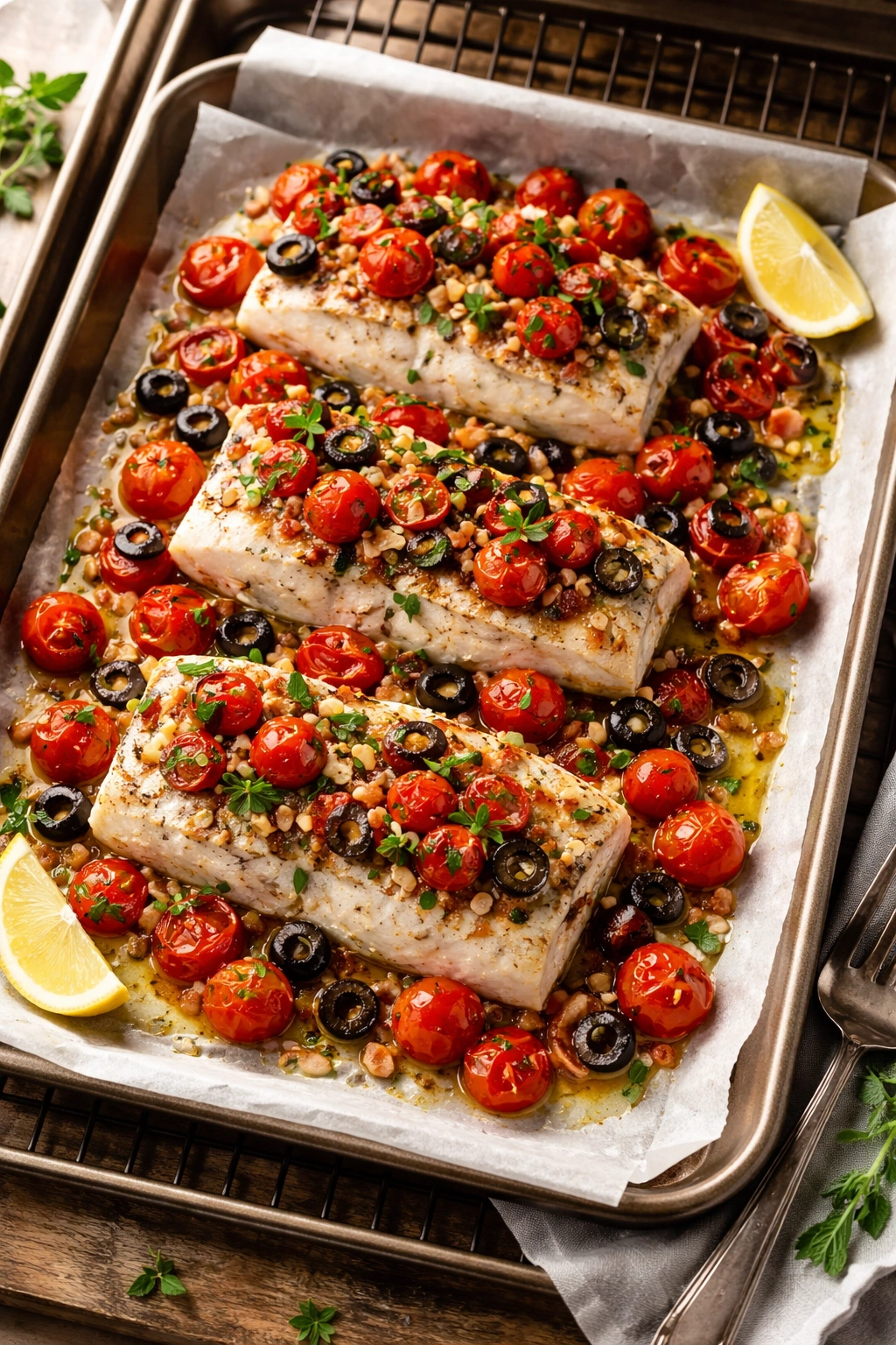 Cod fillets with cherry tomatoes and olives on parchment paper