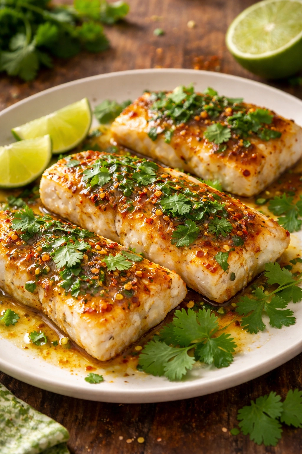 Cod fillets with chili-lime glaze and cilantro on plate