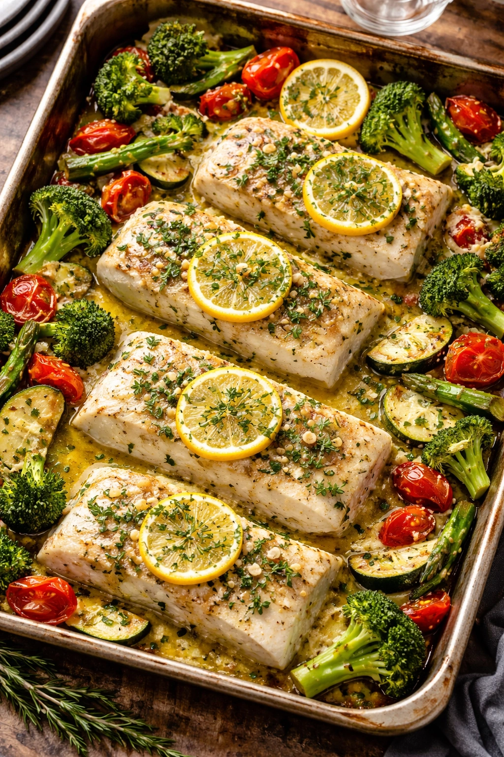 Cod fillets baked with lemon butter and herbs on a sheet pan