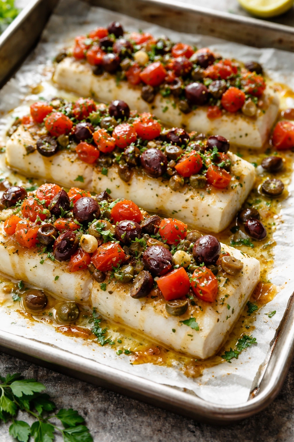 Cod fillets with olive and tomato topping baked on sheet