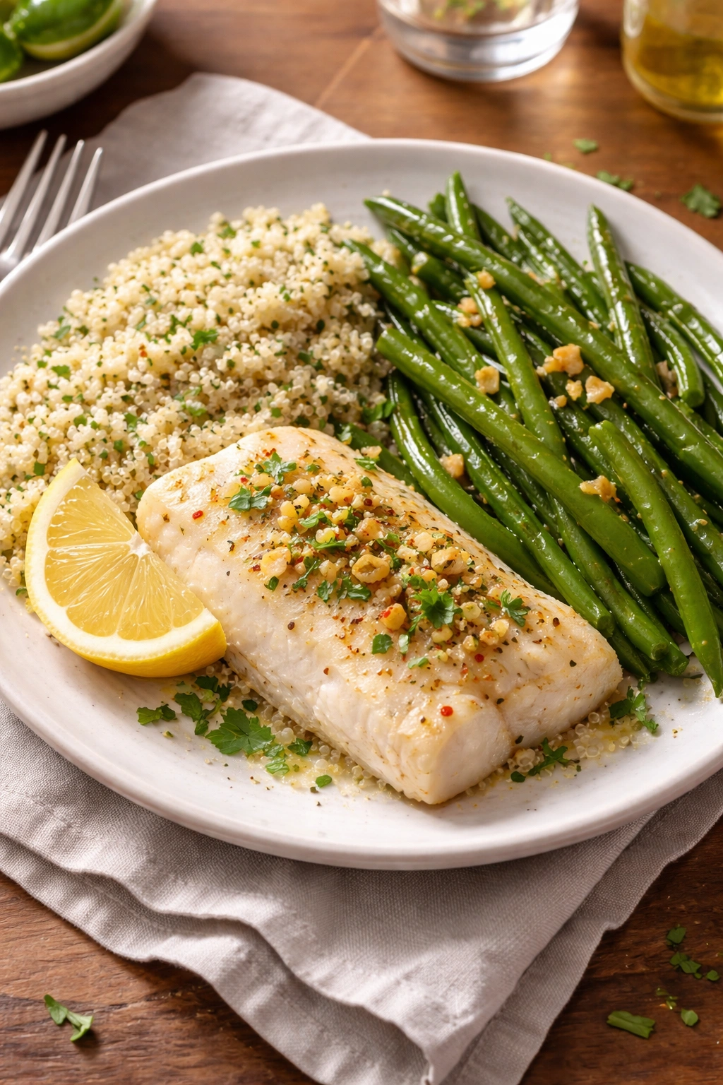 Cod fillets with garlic green beans and quinoa on a plate