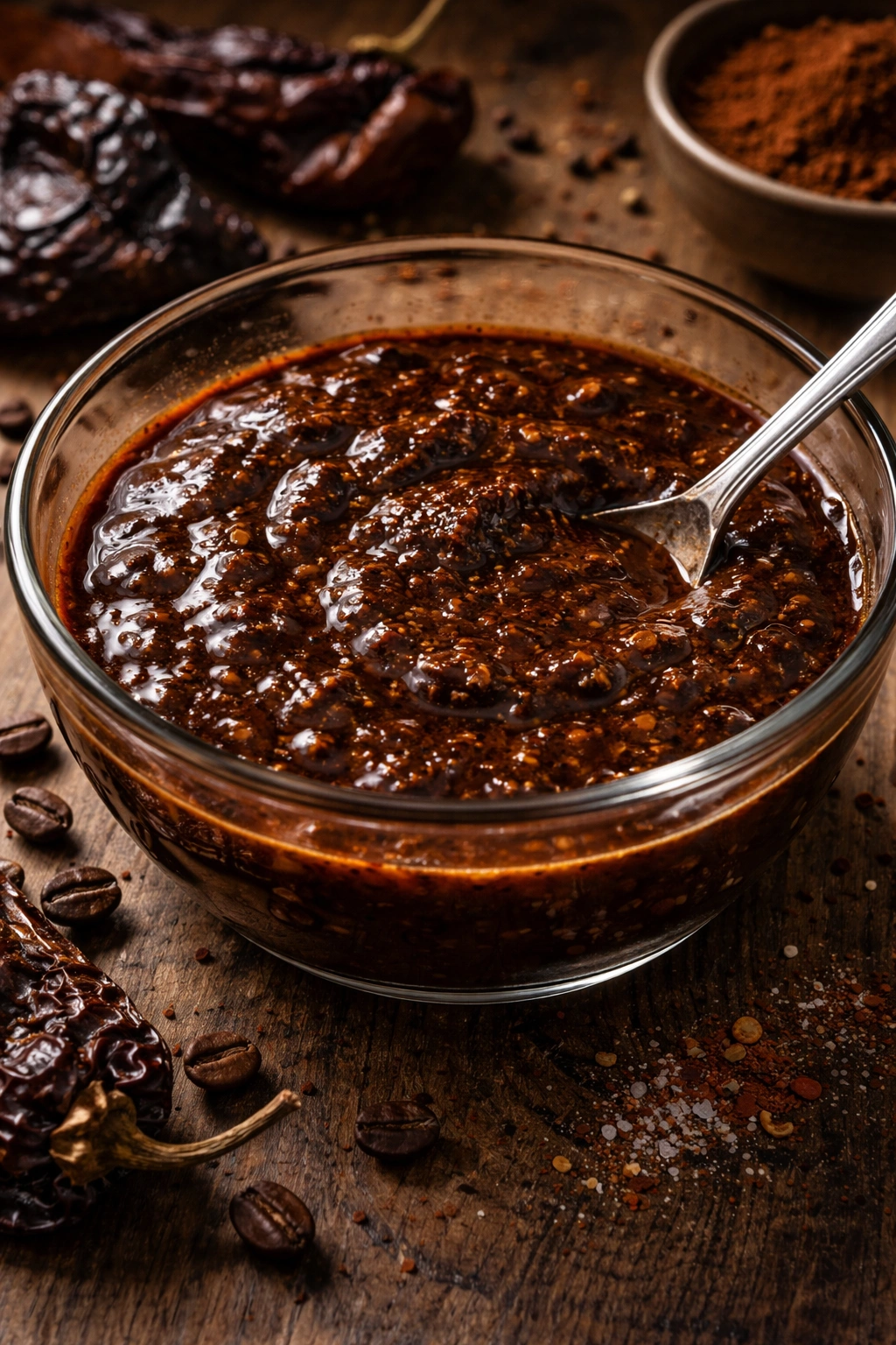 Close-up of dark coffee cocoa ancho marinade in a glass dish with visible cocoa and chili flecks