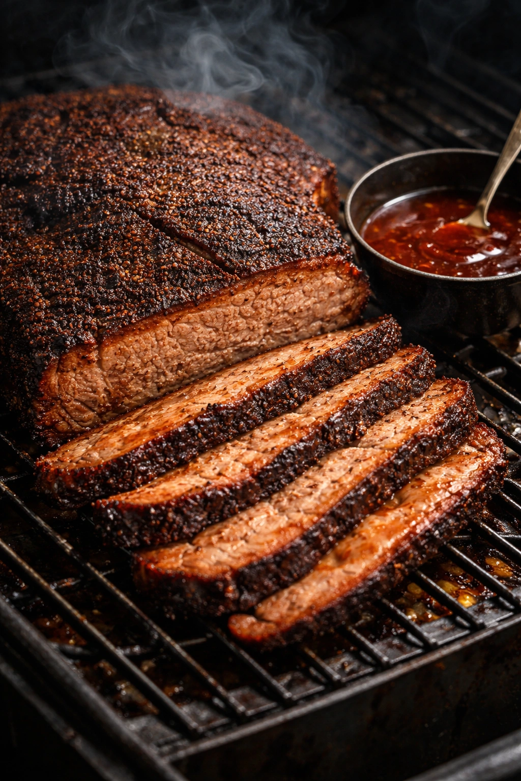 Beef brisket with coffee crust on a smoker with smoke