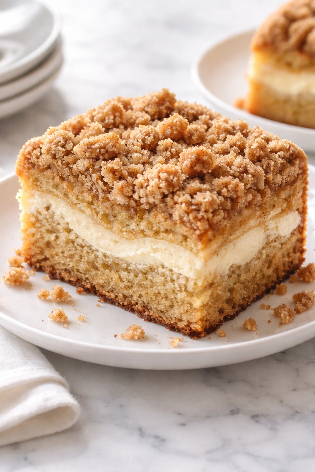 Slice of coffee cake with cream cheese swirl and cinnamon streusel