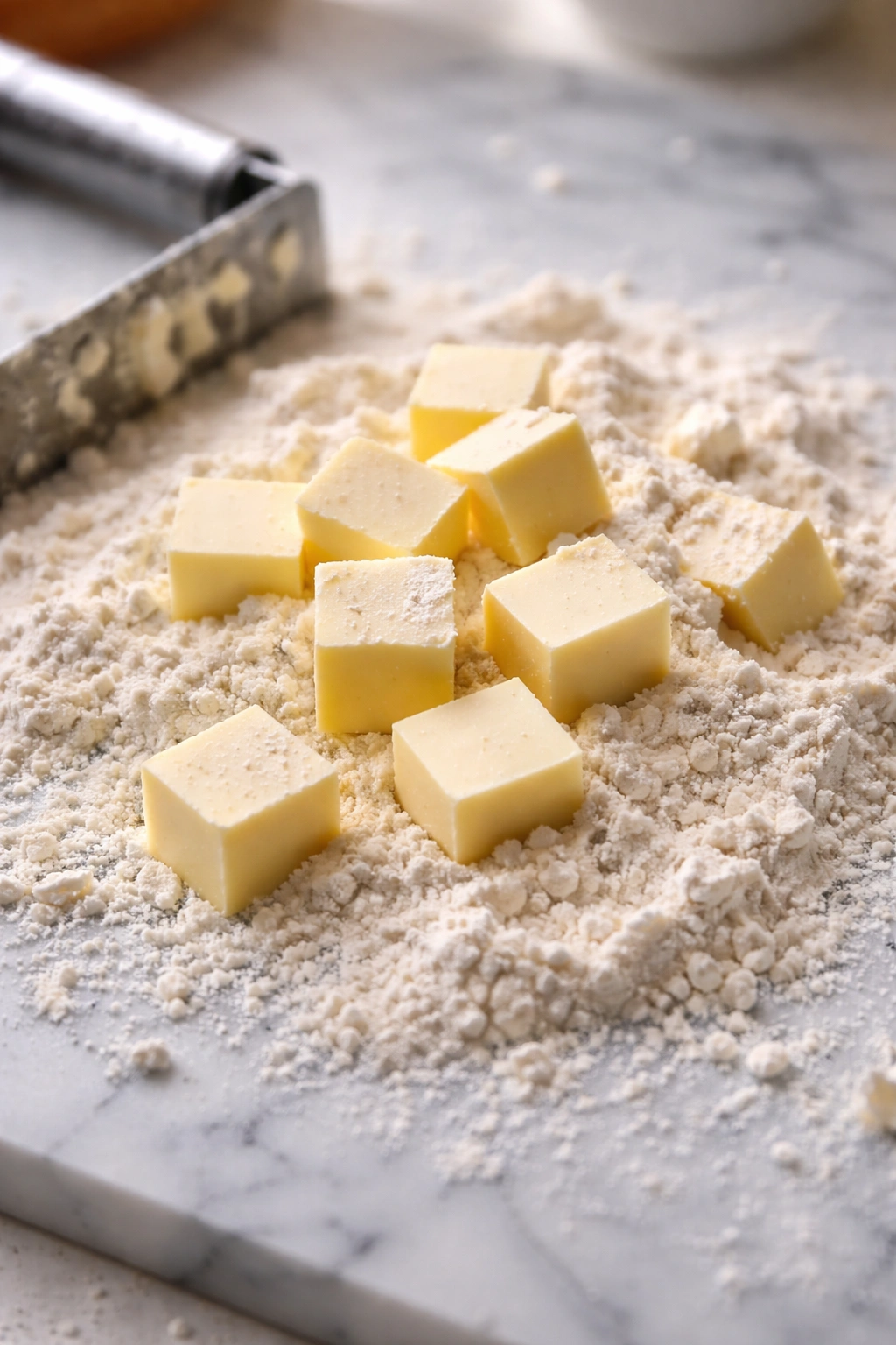 Cold butter cubes and flour on marble surface