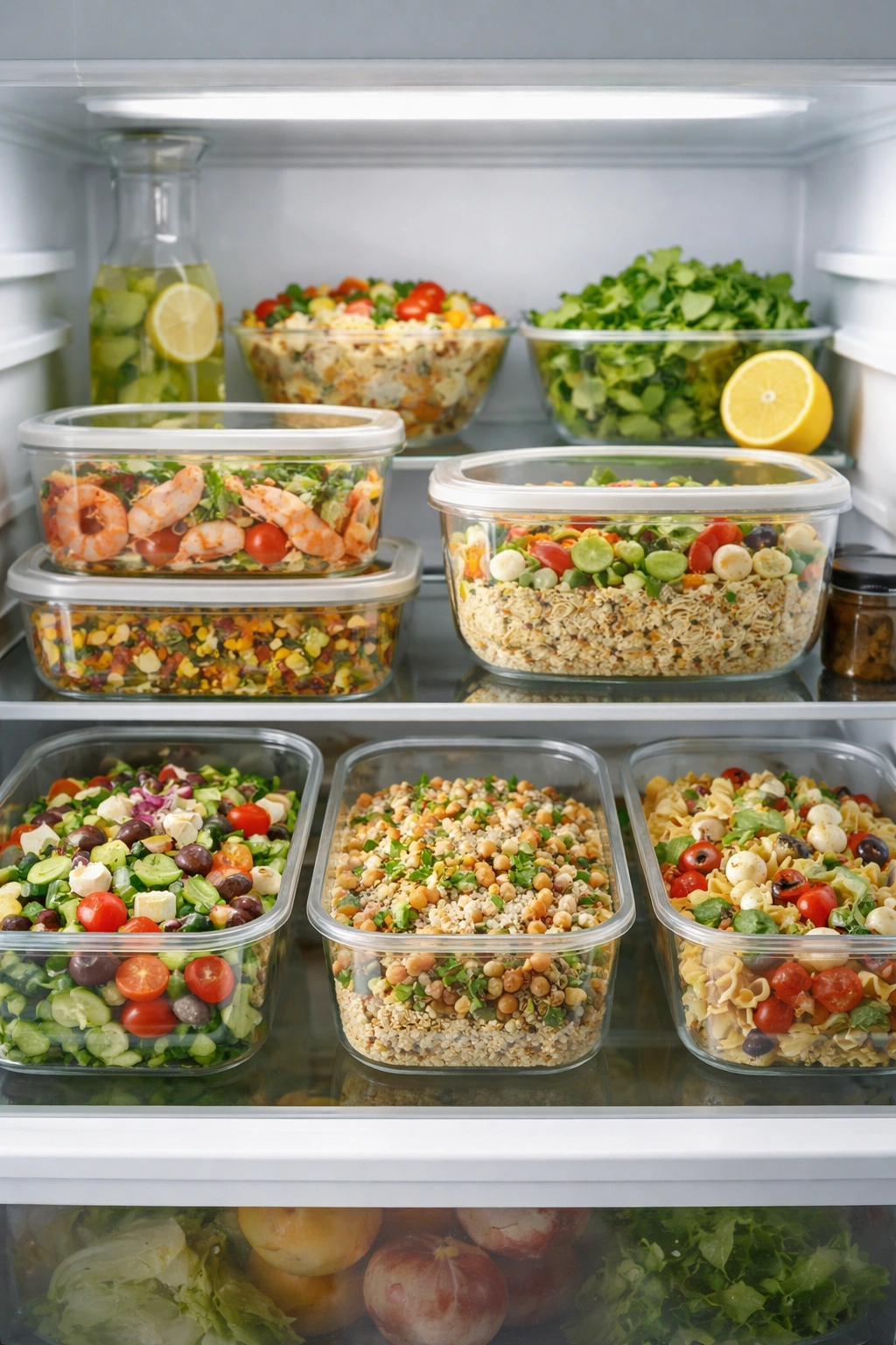 Glass containers on a refrigerator shelf with cold salads