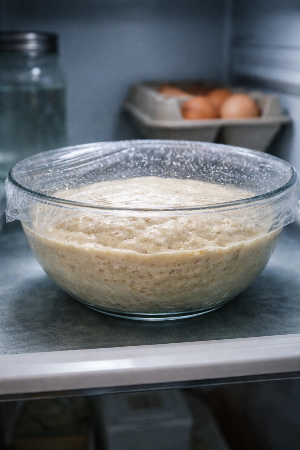 Dough in a covered bowl indicating cold fermentation