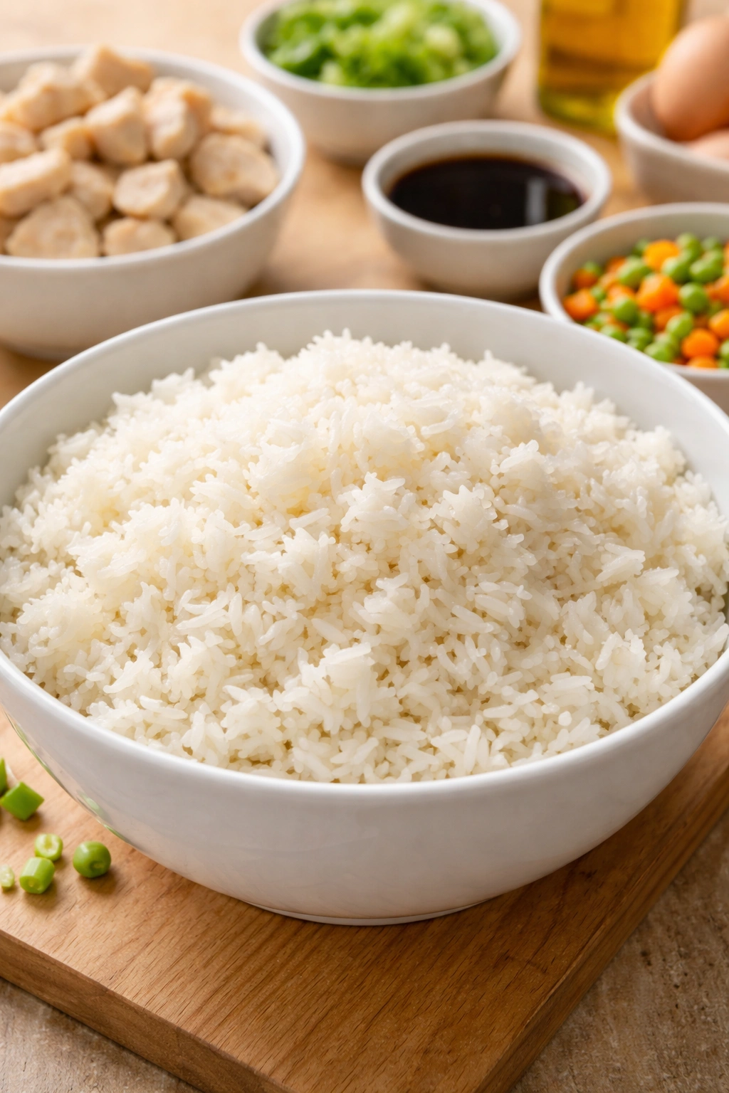 Cold fried rice grains in a bowl showing separated texture