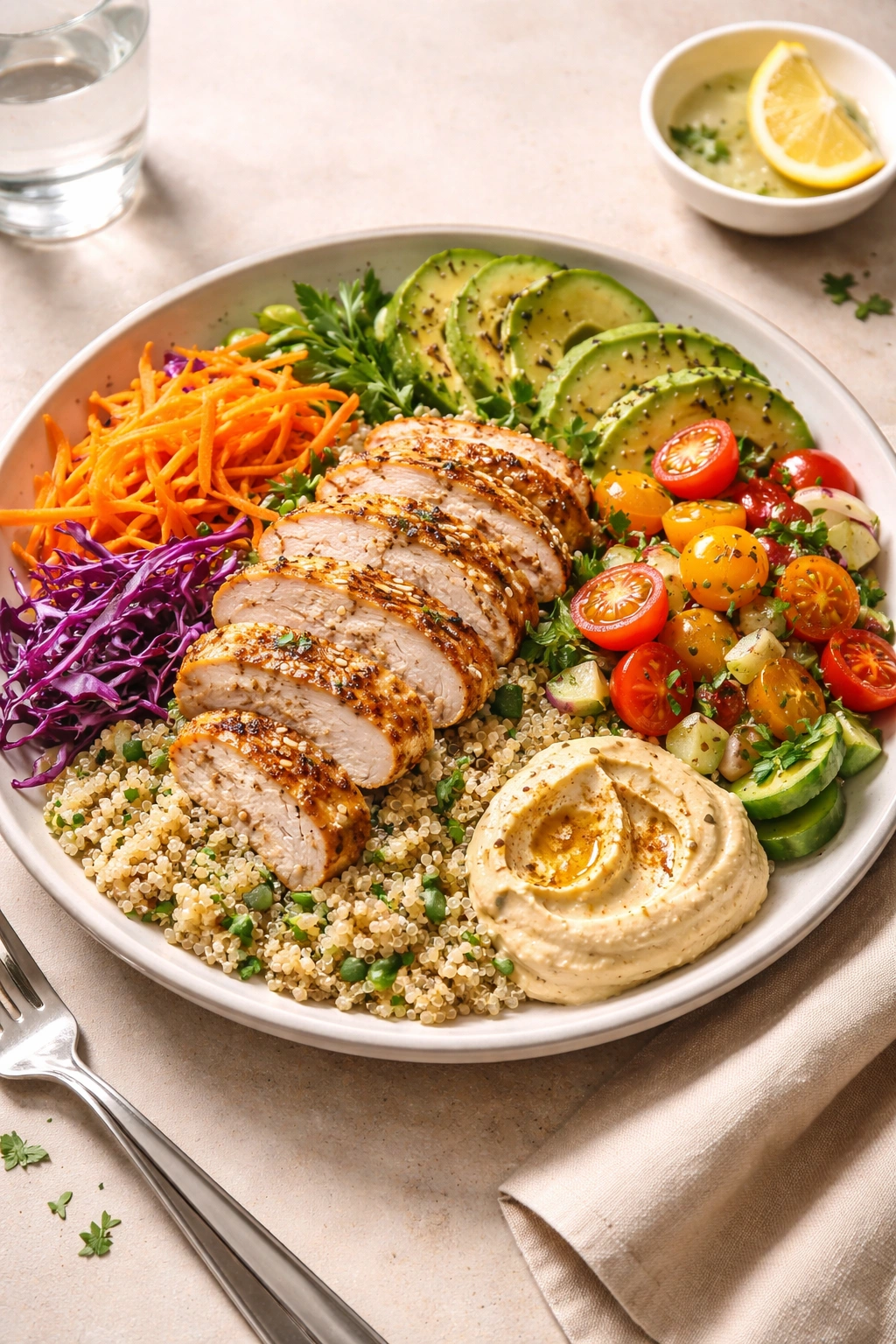 Balanced cold lunch plate with grains, vegetables, and protein