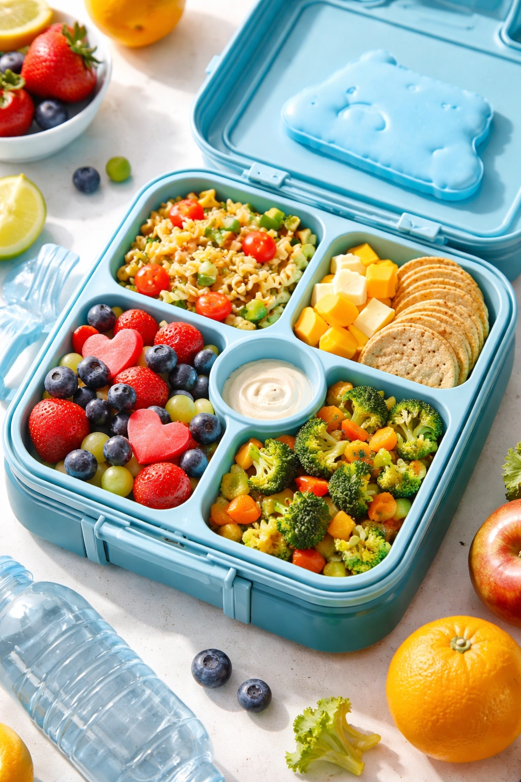 Cold lunchbox with pasta salad, cheese cubes, crackers, vegetables, fruit, dip, and an ice pack