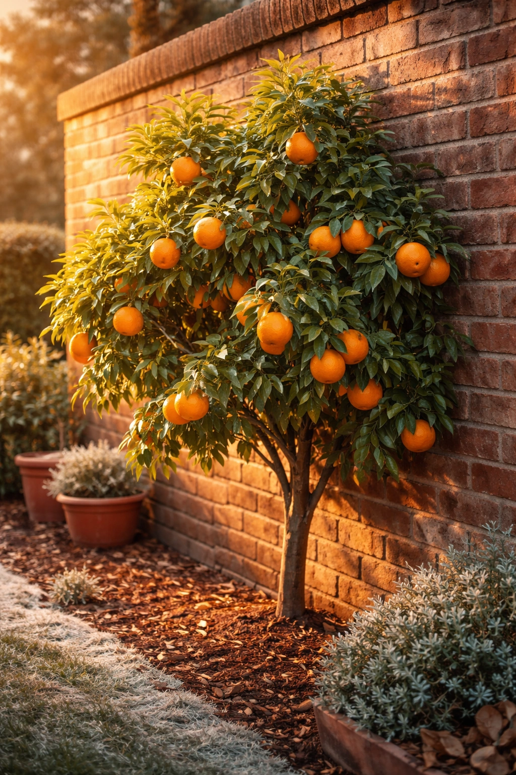 Orange tree beside a warm brick wall in golden hour light