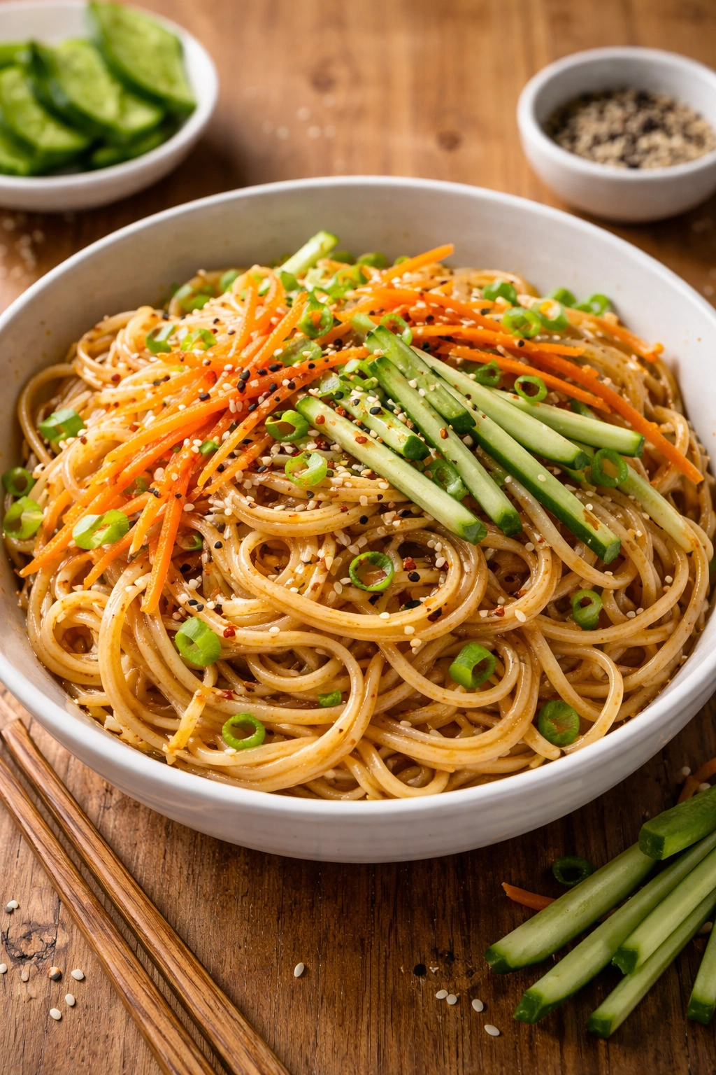 Cold sesame noodles with cucumber and carrot toppings in a bowl