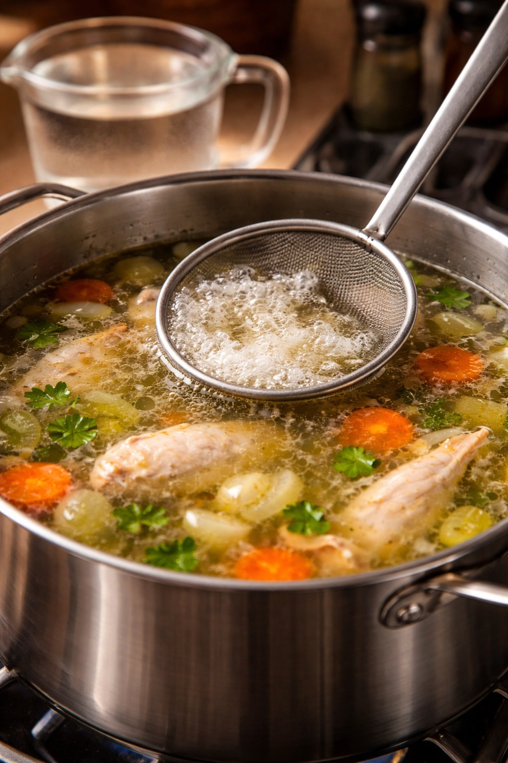 Close-up of simmering chicken broth with skimmed foam illustrating cold-start and gentle-simmer technique.
