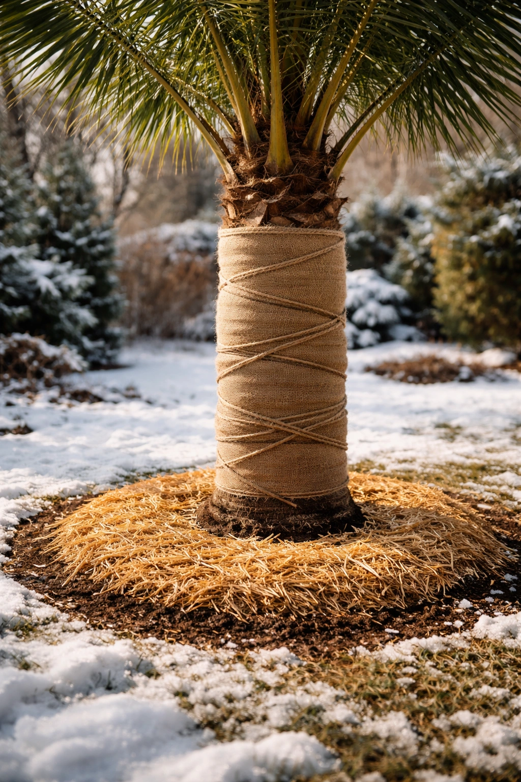 Palm tree with burlap wrap on trunk and mulch around base in winter garden