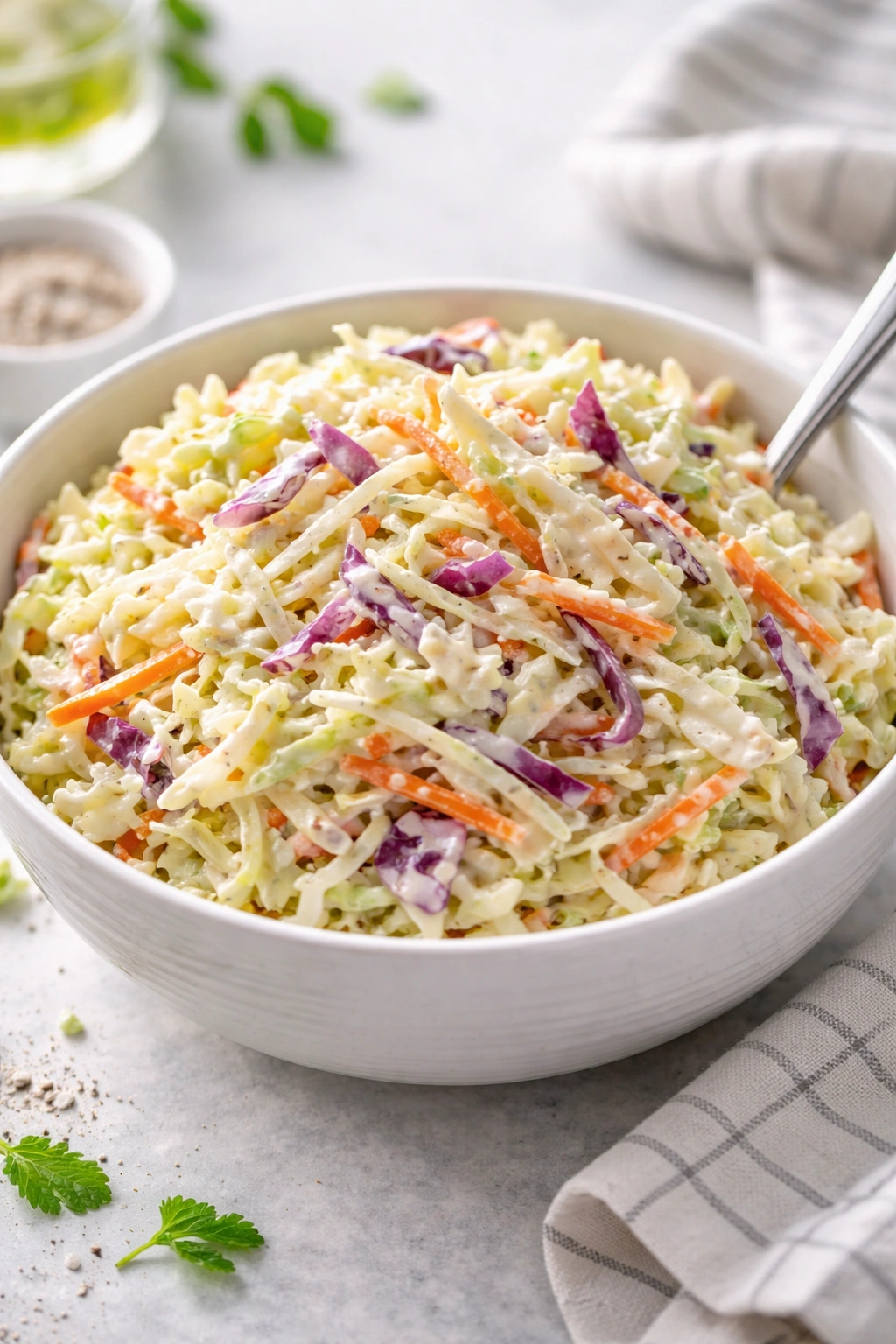 Creamy coleslaw with shredded cabbage and carrots