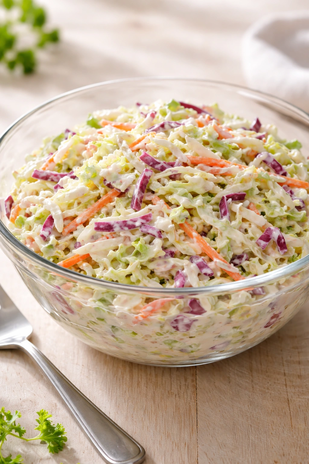 Creamy coleslaw in glass bowl