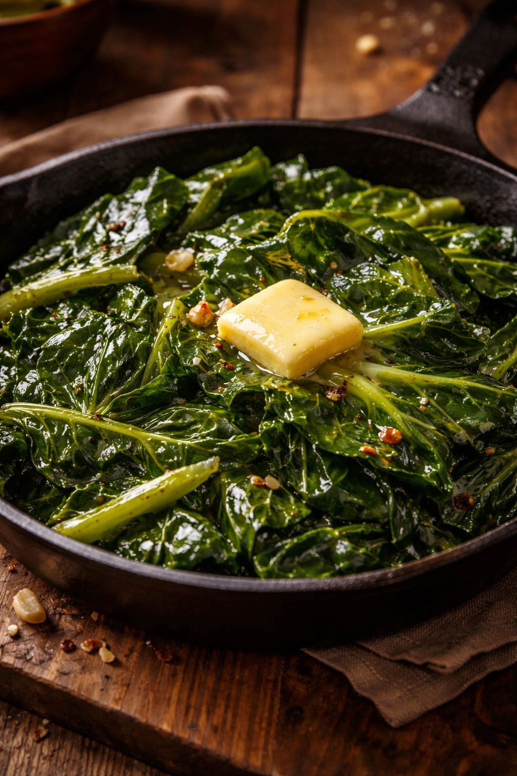 Glossy buttered collard greens on a rustic skillet