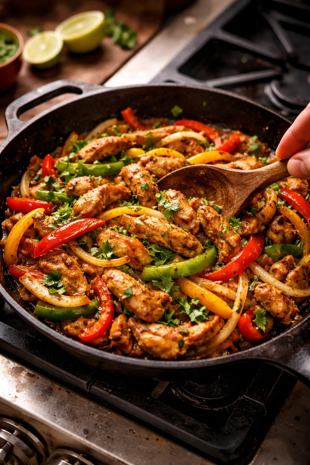 Chicken and peppers mixed together in a skillet during finish