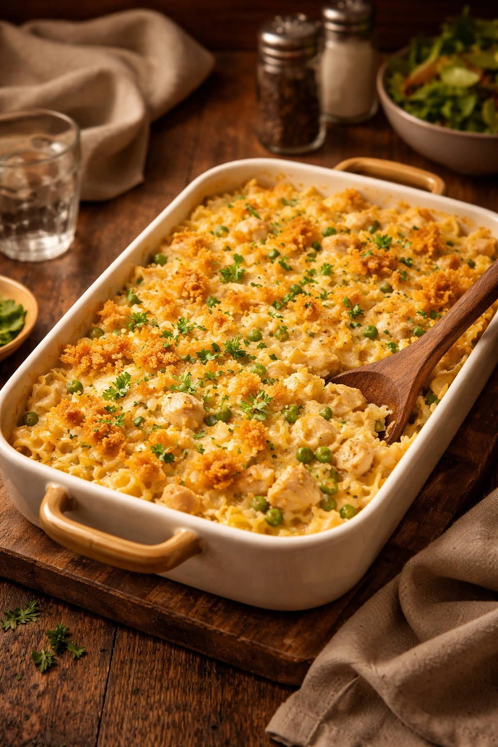 Cozy baked casserole in ceramic dish on wood table