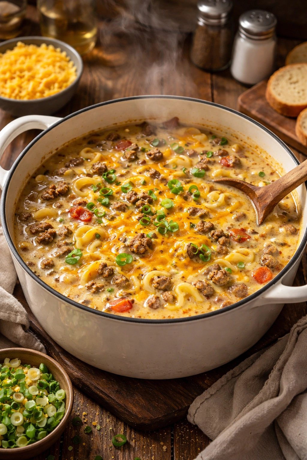 Steaming bowl of creamy burger soup in a cozy kitchen