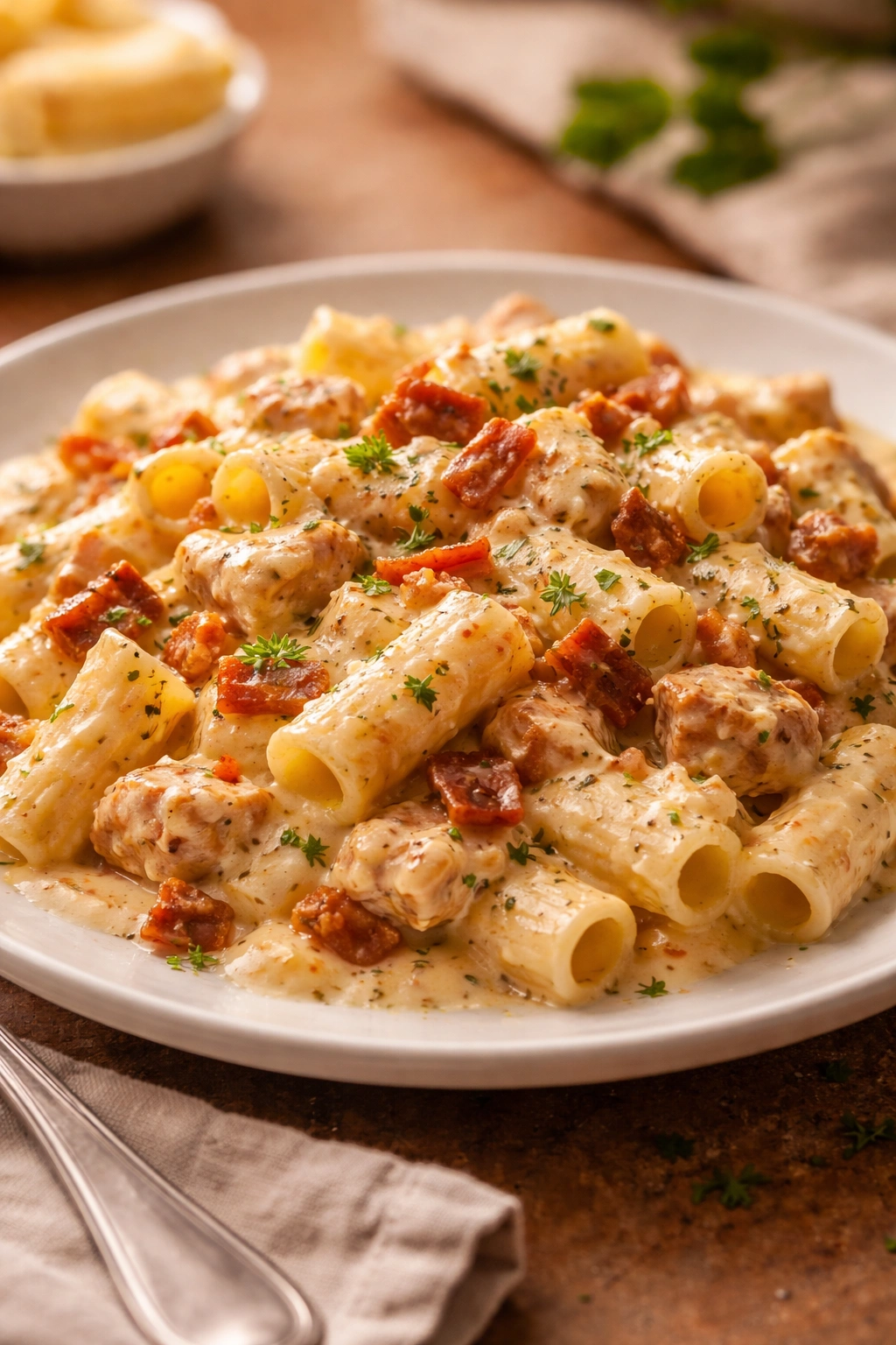 Calm plated pasta in warm light