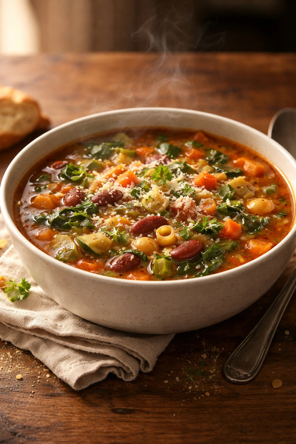 Serene bowl of minestrone on wooden table with steam