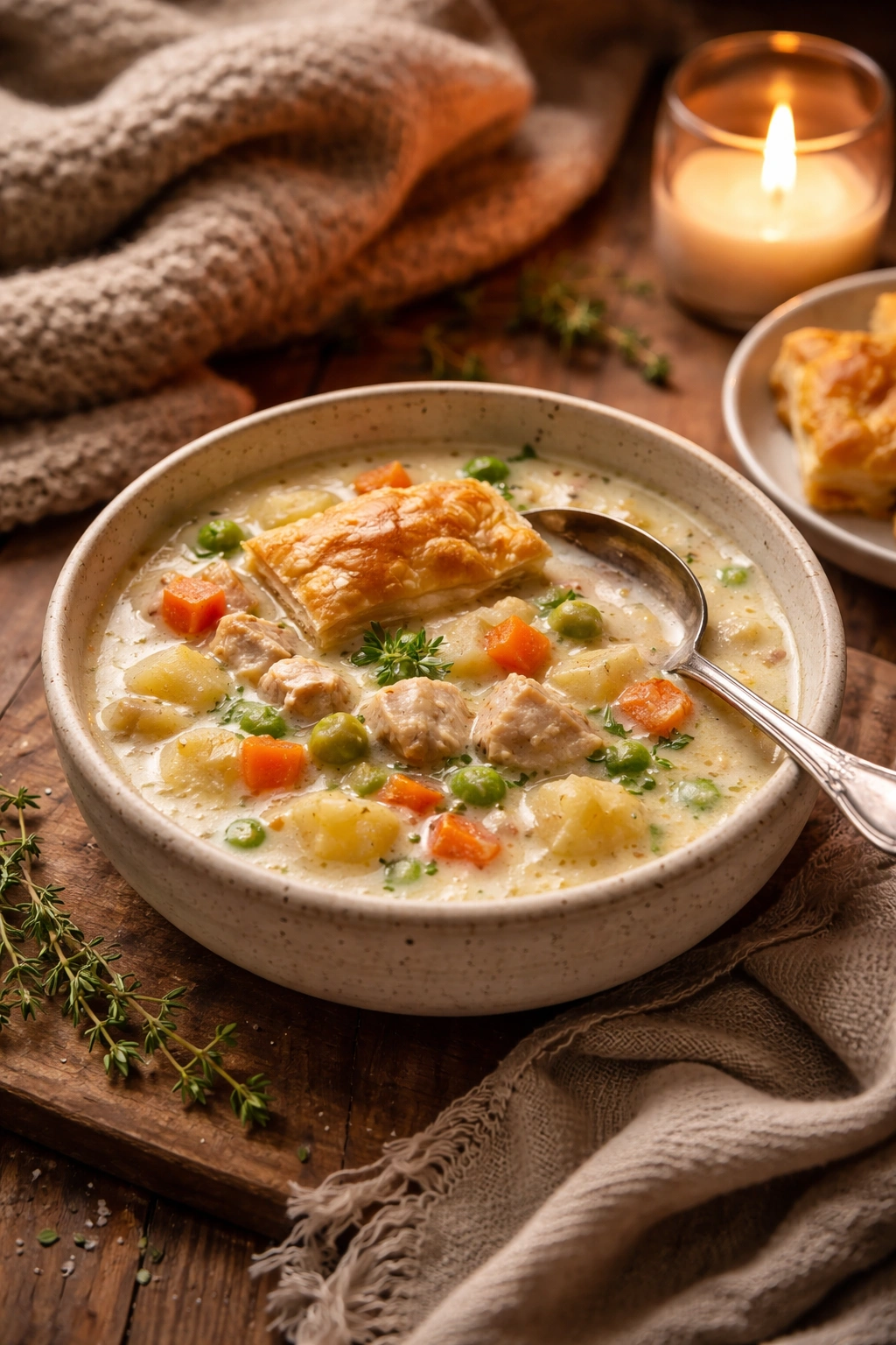 Cozy bowl of soup on wooden table with warm lighting