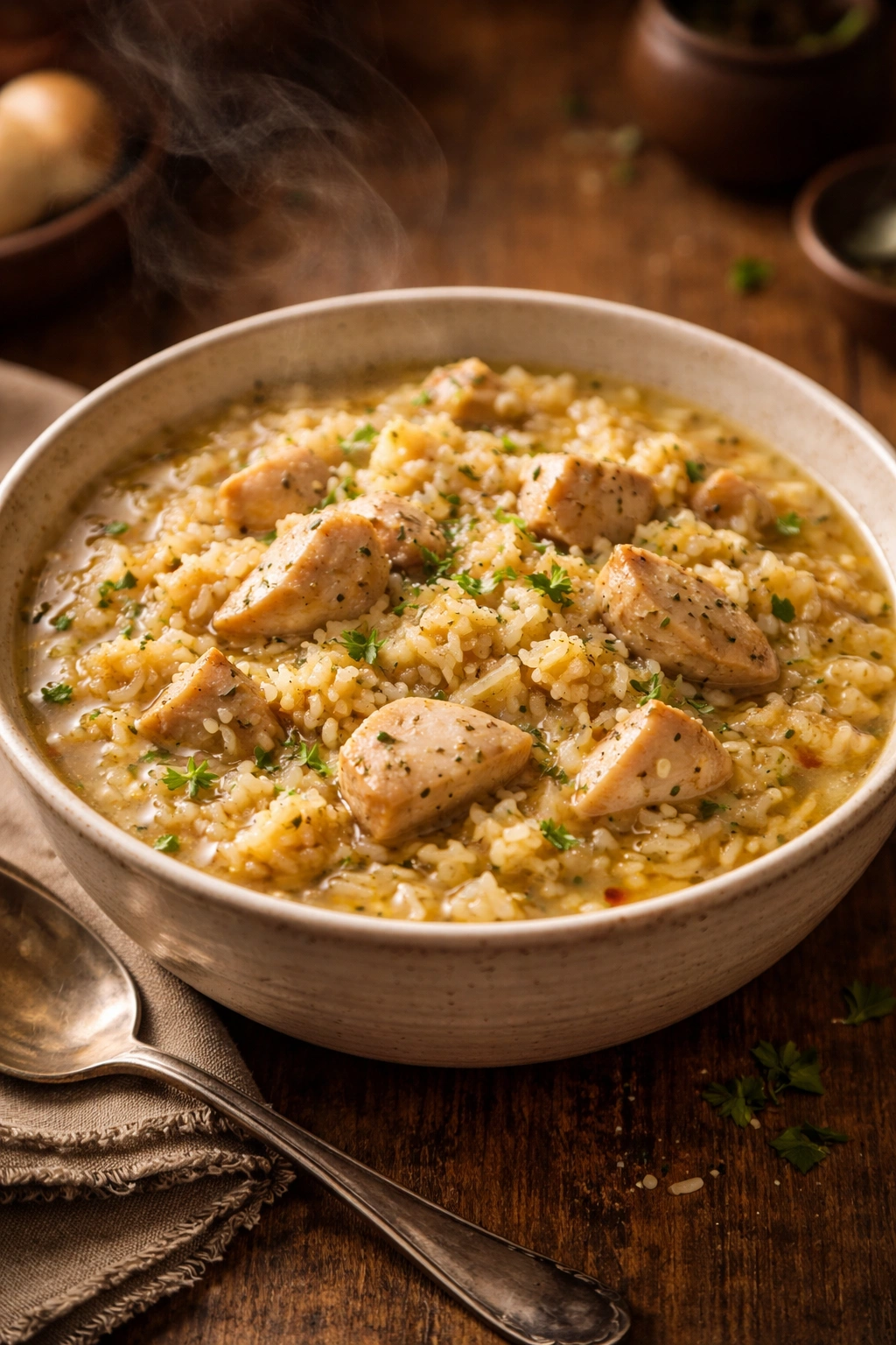 Steaming bowl of chicken and rice with tender grains and bite-sized chicken pieces in a warm setting