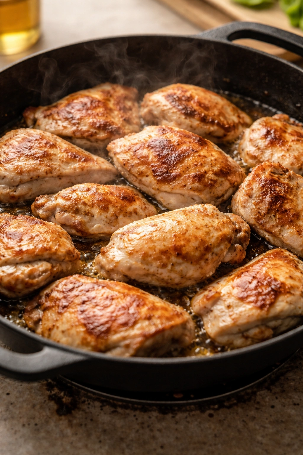 Crowded skillet with overlapping chicken pieces illustrating common timing mistakes.