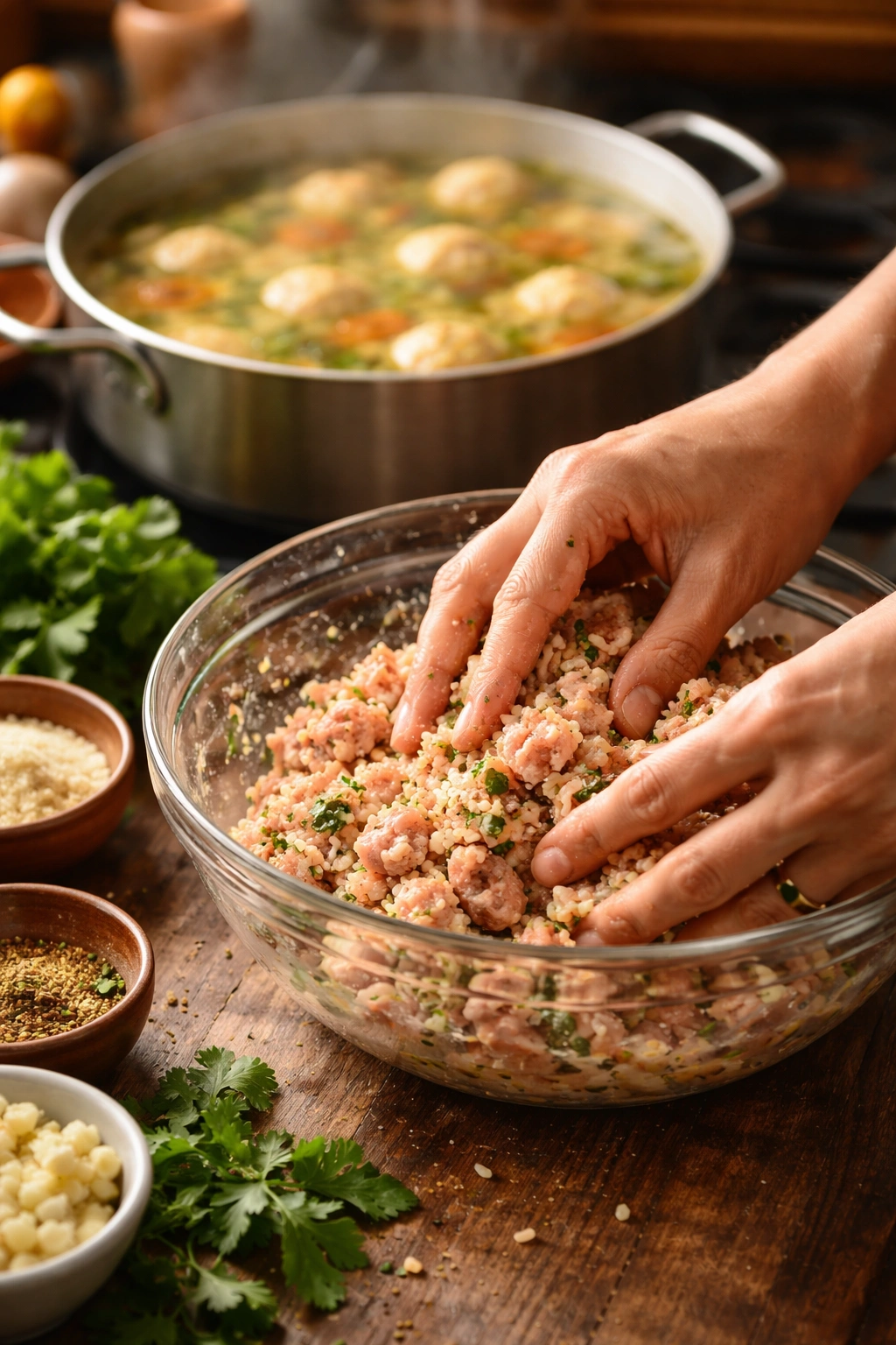 Hands minimally mixing turkey mixture with a simmering broth in the background