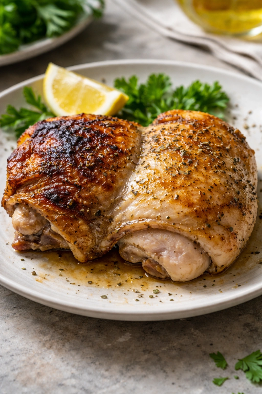 Chicken thigh with uneven browning showing common cooking mistakes