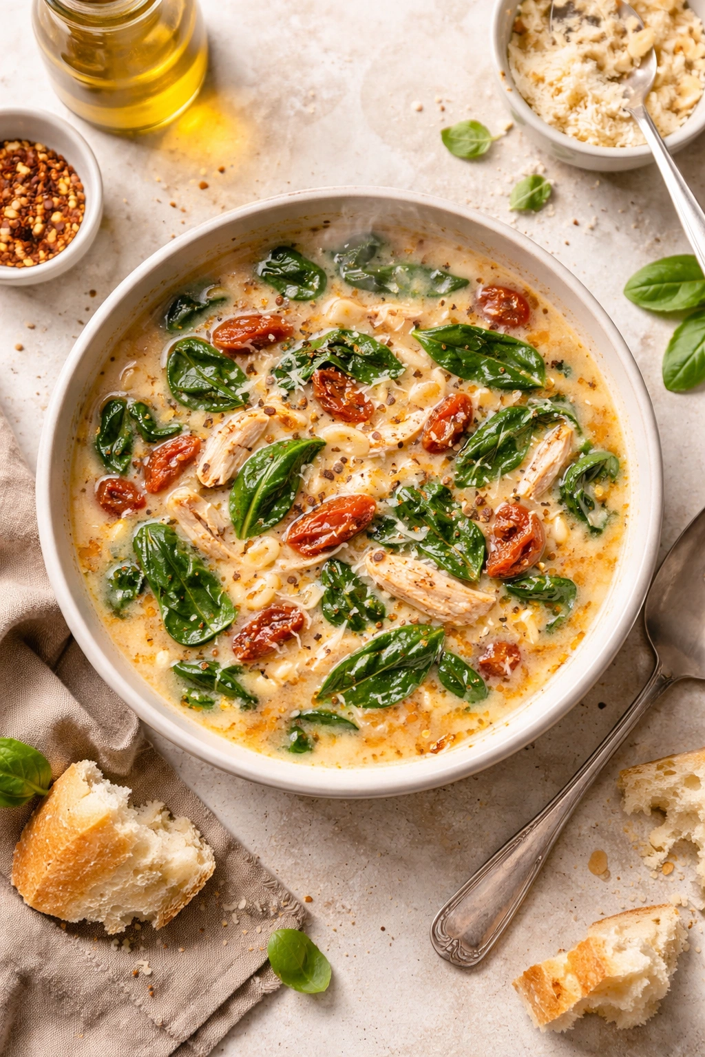 Bowl of Tuscan chicken soup with spinach and tomatoes in a clean setting