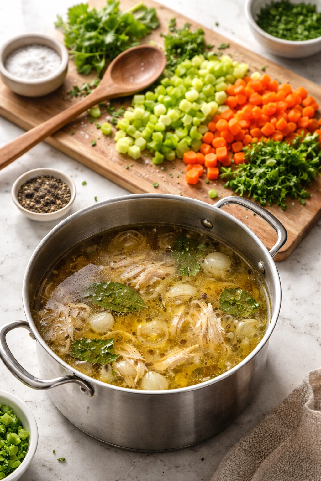 Pot of clear broth with crisp vegetables waiting to be added, illustrating common mistakes to avoid.