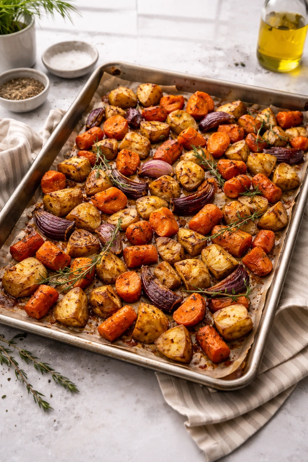 Evenly spaced browned roasted root vegetables on a sheet pan
