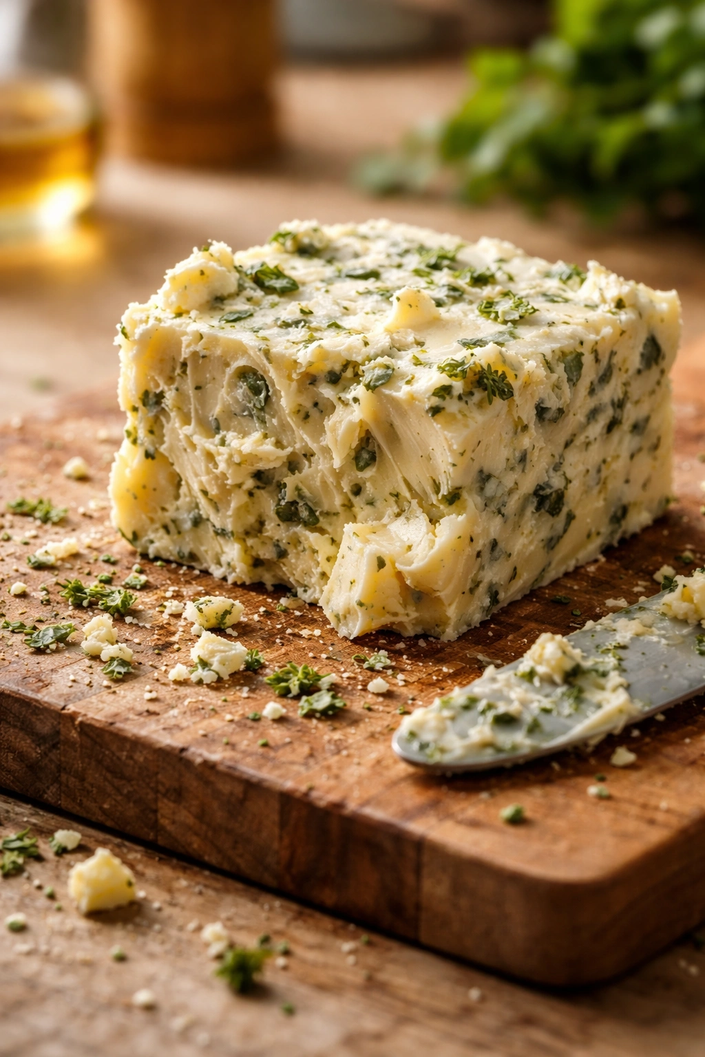 Close-up of butter with uneven texture and herb clumps on a counter, illustrating common mistakes in making herbed butter
