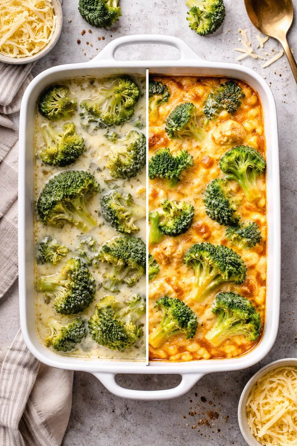 Casserole dish showing two contrasting textures: pale vs glossy